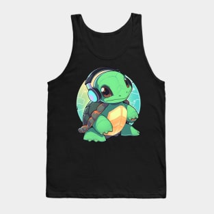 Green Turtle with Headphones Tank Top